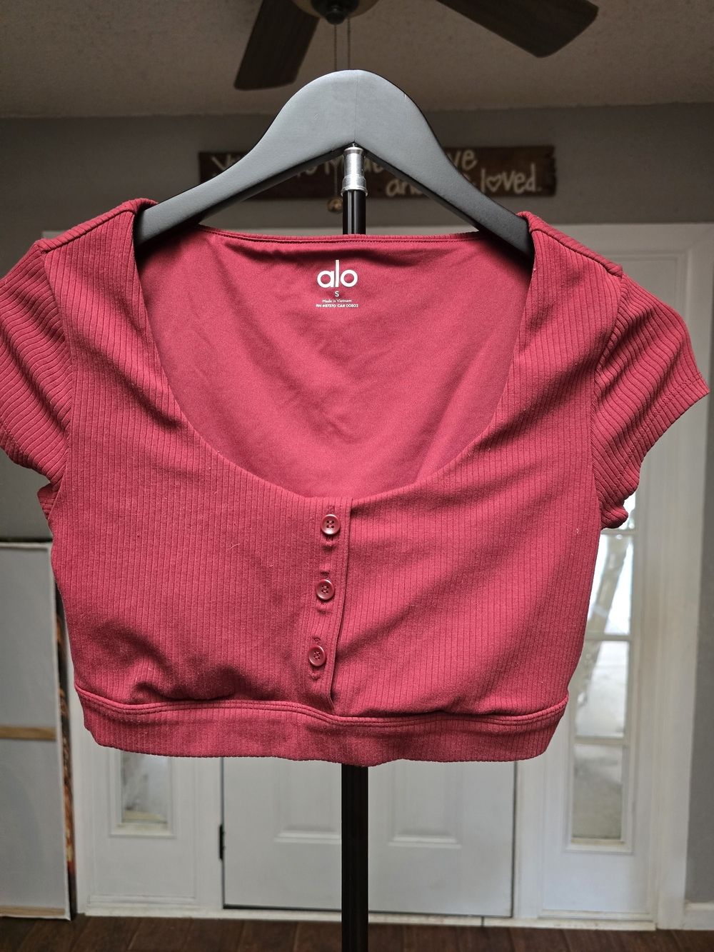 ALO Yoga Ribbed Button-Front Crop Top in Raspberry Red